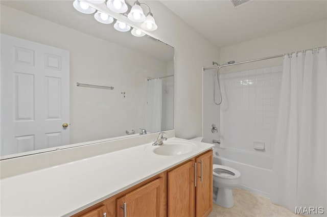 1 Ashbury Crossing Ct, Florissant, MO 63034 - full bath featuring vanity, toilet, tile patterned flooring, and shower / bath combo with shower curtain