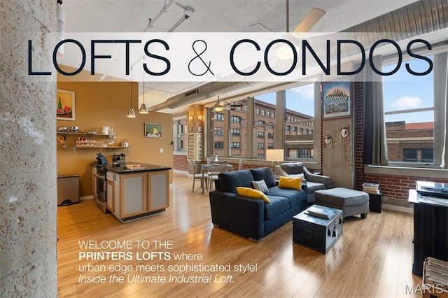 1627 Locust St Unit 402, Saint Louis, MO 63103 - living room with light wood-type flooring, ceiling fan, and healthy amount of natural light