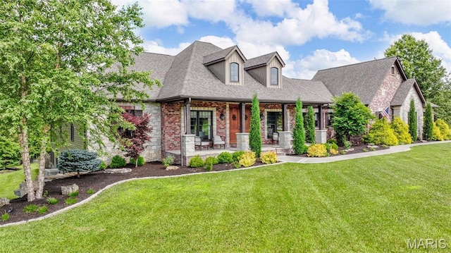 130 Foristell Ridge Ct, Foristell, MO 63348 - new england style home featuring a shingled roof, covered porch, a front yard, and brick siding