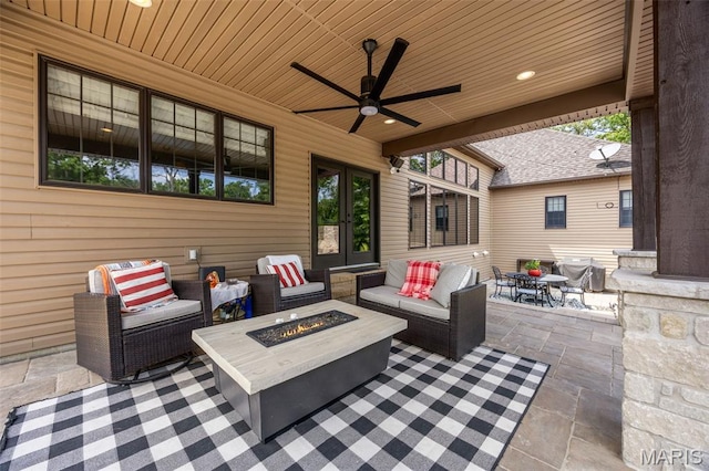 130 Foristell Ridge Ct, Foristell, MO 63348 - view of patio / terrace featuring french doors, an outdoor living space with a fire pit, and a ceiling fan