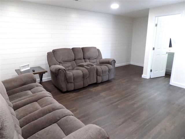 1002 Cypress Dr, Rolla, MO 65401 - living area featuring baseboards, dark wood-type flooring, wooden walls, and recessed lighting