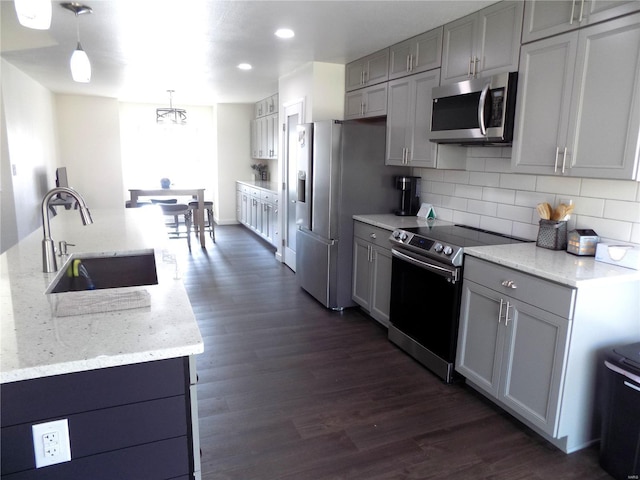1002 Cypress Dr, Rolla, MO 65401 - kitchen with stainless steel appliances, a sink, backsplash, dark wood finished floors, and recessed lighting