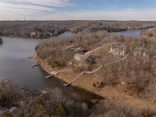 aerial view of property's location featuring a large body of water and a heavily wooded area