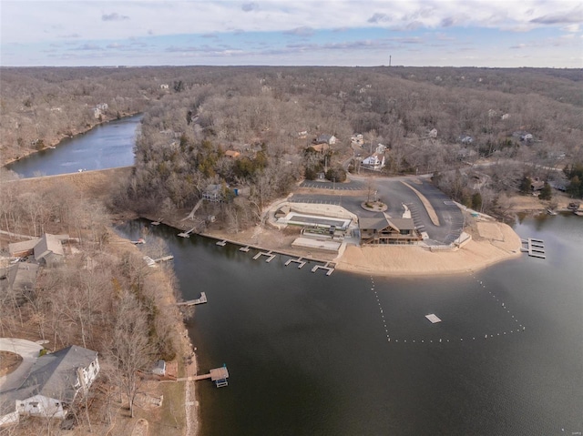 aerial view of property's location featuring a large body of water and a forest