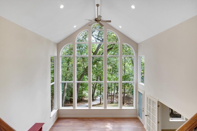 detailed view of ceiling fan, wood finished floors, recessed lighting, and baseboards