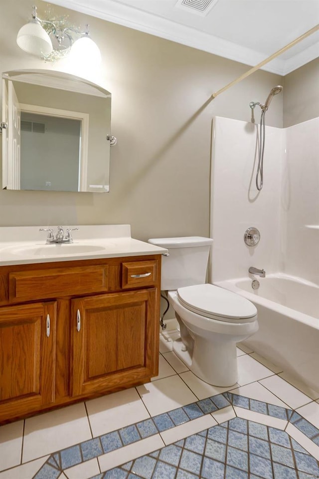 full bathroom with crown molding, toilet, shower / washtub combination, tile patterned floors, and vanity
