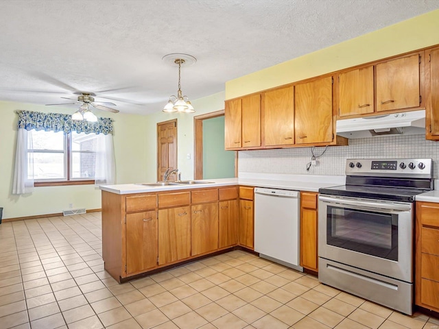9355 State Route 3, Red Bud, IL 62278 - kitchen with stainless steel electric range, under cabinet range hood, a sink, dishwasher, and a peninsula