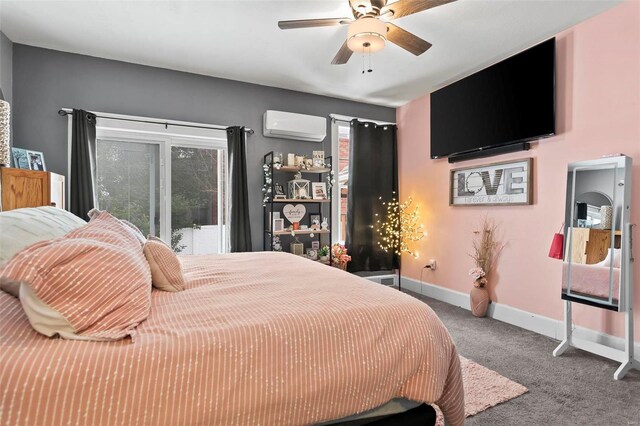 821 N State St, Litchfield, IL 62056 - bedroom with a wall mounted AC, carpet floors, baseboards, and ceiling fan