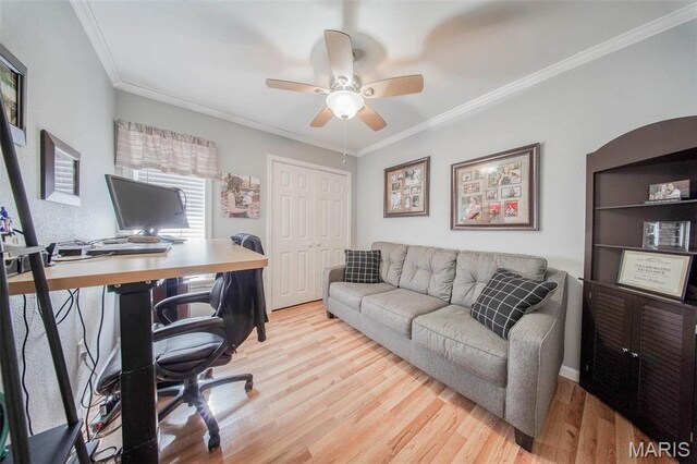 12455 Jefferys Pl, Rolla, MO 65401 - office area with light wood-style flooring, ornamental molding, and ceiling fan