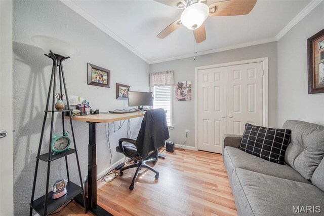 12455 Jefferys Pl, Rolla, MO 65401 - office space with wood finished floors, ornamental molding, a ceiling fan, and baseboards