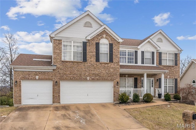 8038 Fox Holw, Barnhart, MO 63012 - view of front of property featuring a porch, brick siding, driveway, a garage, and a shingled roof