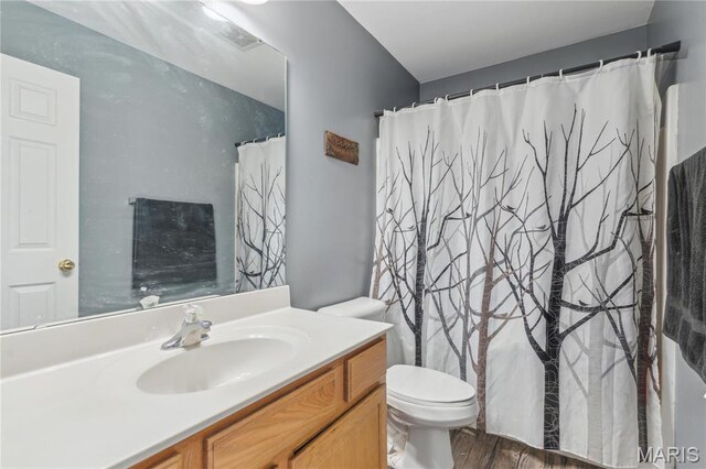8038 Fox Holw, Barnhart, MO 63012 - bathroom featuring vanity, toilet, wood finished floors, and curtained shower