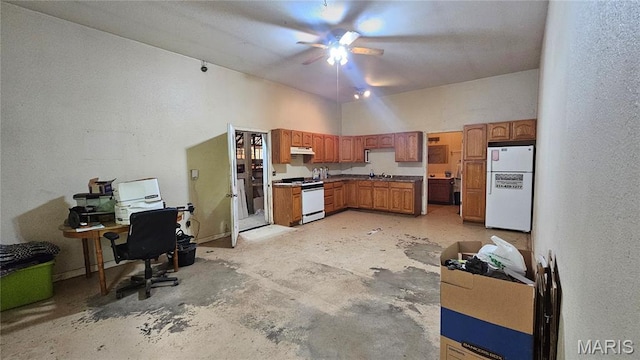 12124 Hamilton Hollow Rd, Sullivan, MO 63080 - kitchen with white appliances, ceiling fan, unfinished concrete flooring, brown cabinets, and under cabinet range hood