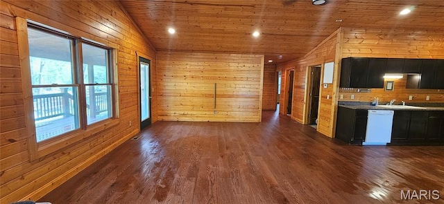 12124 Hamilton Hollow Rd, Sullivan, MO 63080 - unfurnished living room featuring vaulted ceiling, wood walls, dark wood-style floors, and wooden ceiling