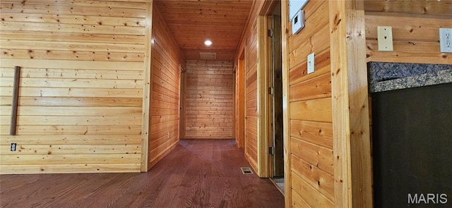 12124 Hamilton Hollow Rd, Sullivan, MO 63080 - hall featuring wooden walls, dark wood-style floors, recessed lighting, and wood ceiling