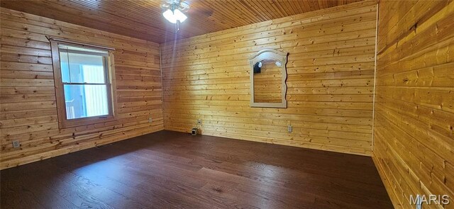 12124 Hamilton Hollow Rd, Sullivan, MO 63080 - spare room featuring a ceiling fan, dark wood finished floors, wood walls, and wood ceiling