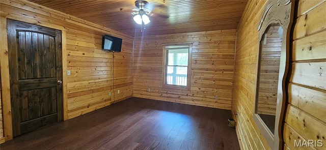 12124 Hamilton Hollow Rd, Sullivan, MO 63080 - empty room with a ceiling fan, dark wood-style floors, wooden ceiling, and wood walls