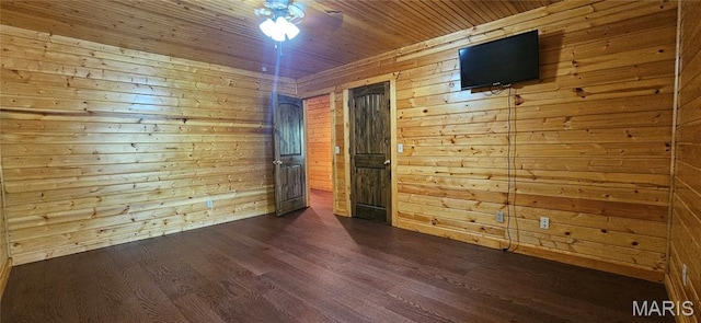 12124 Hamilton Hollow Rd, Sullivan, MO 63080 - unfurnished room with dark wood finished floors, wooden walls, wooden ceiling, and ceiling fan