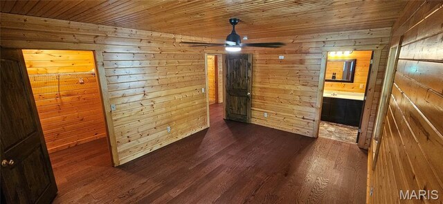 12124 Hamilton Hollow Rd, Sullivan, MO 63080 - unfurnished bedroom with dark wood-type flooring, wood walls, ensuite bath, and wooden ceiling