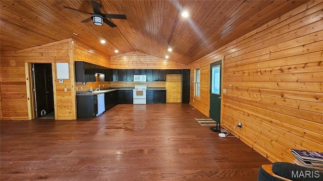 12124 Hamilton Hollow Rd, Sullivan, MO 63080 - kitchen with white appliances, wooden walls, lofted ceiling, wood ceiling, and ceiling fan