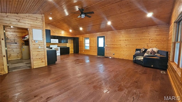 12124 Hamilton Hollow Rd, Sullivan, MO 63080 - unfurnished living room with wooden walls, dark wood-type flooring, lofted ceiling, ceiling fan, and wooden ceiling