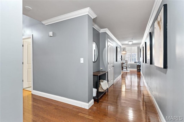 corridor featuring ornamental molding, wood-type flooring, and baseboards
