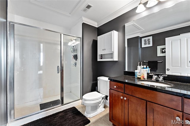 bathroom featuring a stall shower, toilet, tile patterned flooring, vanity, and ornamental molding