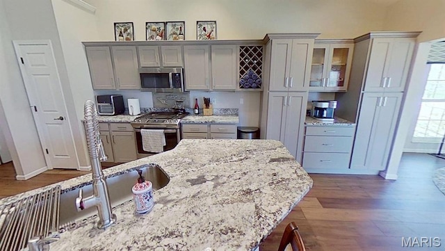 112 Summit Rdg, Maryville, IL 62062 - kitchen featuring appliances with stainless steel finishes, gray cabinetry, dark wood-style flooring, and baseboards