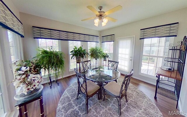 112 Summit Rdg, Maryville, IL 62062 - dining room featuring a ceiling fan, wood finished floors, and baseboards