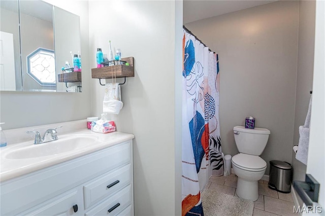full bath with tile patterned floors, vanity, toilet, and a shower with shower curtain