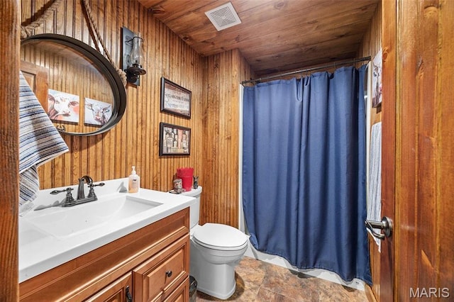 322 Pointe Loma Blvd, Lake St Louis, MO 63367 - bathroom with wood ceiling, vanity, curtained shower, and wooden walls