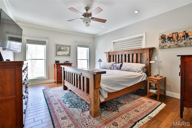 1120 Franklin Ave, Edwardsville, IL 62025 - bedroom featuring multiple windows, hardwood / wood-style flooring, crown molding, a ceiling fan, and recessed lighting