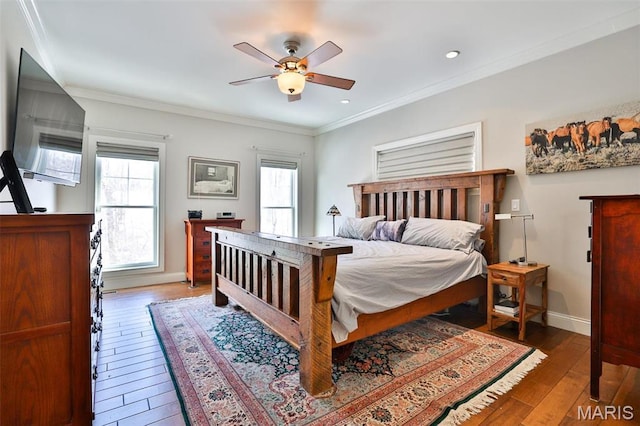 1120 Franklin Ave, Edwardsville, IL 62025 - bedroom with multiple windows, hardwood / wood-style floors, crown molding, recessed lighting, and a ceiling fan