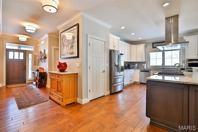 1120 Franklin Ave, Edwardsville, IL 62025 - kitchen featuring stainless steel appliances, island range hood, ornamental molding, light wood-style flooring, and decorative backsplash