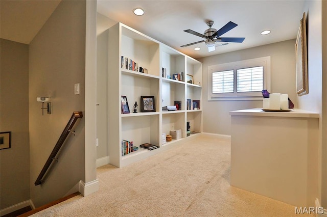 1120 Franklin Ave, Edwardsville, IL 62025 - living area with an upstairs landing, carpet flooring, built in shelves, ceiling fan, and recessed lighting
