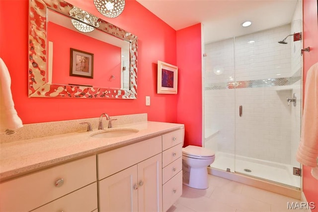 1120 Franklin Ave, Edwardsville, IL 62025 - bathroom featuring a shower stall, vanity, tile patterned flooring, and recessed lighting