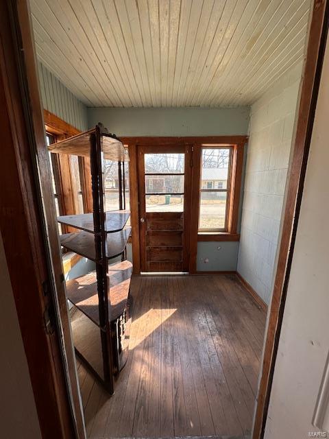 415 N Grand St, Willow Springs, MO 65793 - entryway with hardwood / wood-style flooring, wooden ceiling, and baseboards