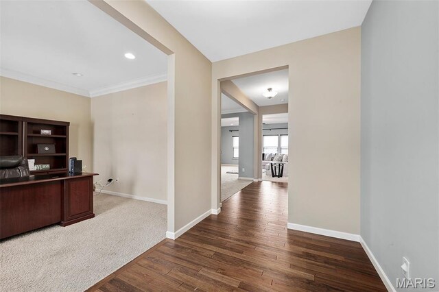 615 Derby Way Dr, Wentzville, MO 63385 - unfurnished office featuring wood finished floors, crown molding, and recessed lighting