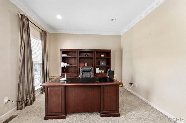 615 Derby Way Dr, Wentzville, MO 63385 - office featuring light carpet, ornamental molding, and recessed lighting