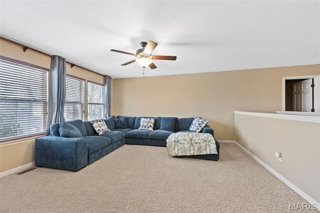 615 Derby Way Dr, Wentzville, MO 63385 - carpeted living room featuring a ceiling fan and baseboards