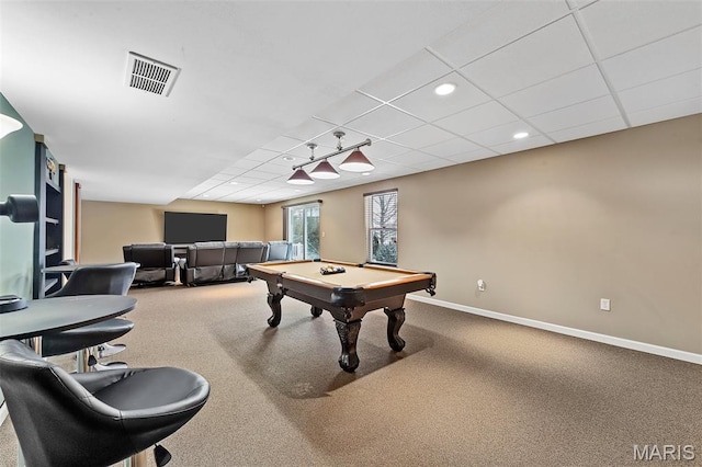 615 Derby Way Dr, Wentzville, MO 63385 - playroom featuring billiards table, carpet, a drop ceiling, and recessed lighting