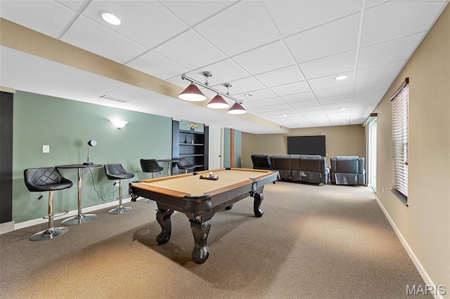 615 Derby Way Dr, Wentzville, MO 63385 - rec room featuring a paneled ceiling, billiards table, built in features, carpet flooring, and recessed lighting