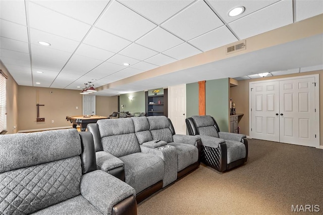 615 Derby Way Dr, Wentzville, MO 63385 - cinema room featuring billiards table, recessed lighting, a paneled ceiling, and light colored carpet