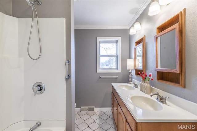 2125 Barron Rd, Poplar Bluff, MO 63901 - full bathroom with shower / tub combination, ornamental molding, double vanity, and tile patterned flooring