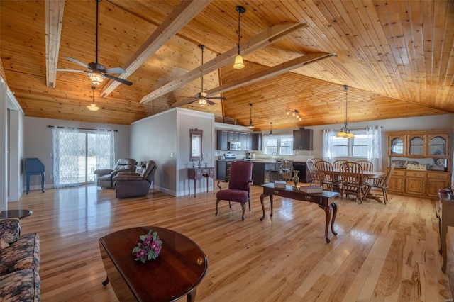 living room with wood ceiling, high vaulted ceiling, ceiling fan, light wood finished floors, and beamed ceiling