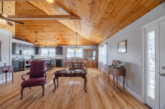 living area featuring wooden ceiling, light wood finished floors, ceiling fan, high vaulted ceiling, and beamed ceiling