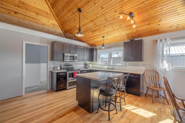 kitchen featuring stainless steel appliances, vaulted ceiling, wood ceiling, a kitchen breakfast bar, and light countertops