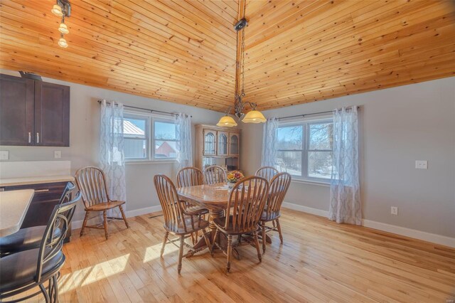 dining room with lofted ceiling, wood ceiling, light wood-type flooring, and baseboards