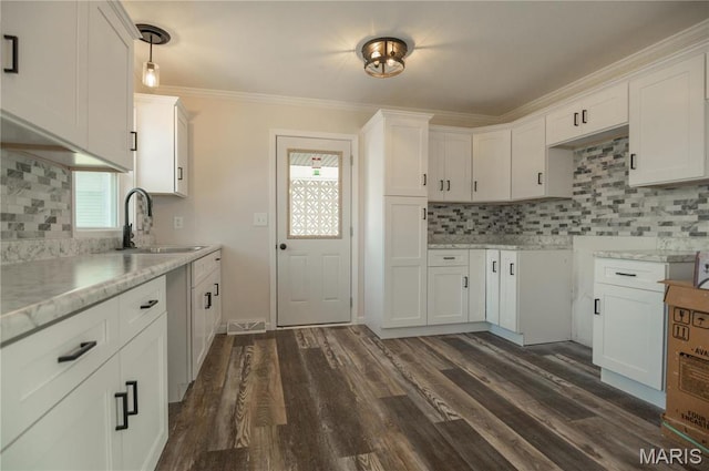 514 W Missouri St, Bloomfield, MO 63825 - kitchen with a sink, backsplash, dark wood-style floors, white cabinets, and crown molding