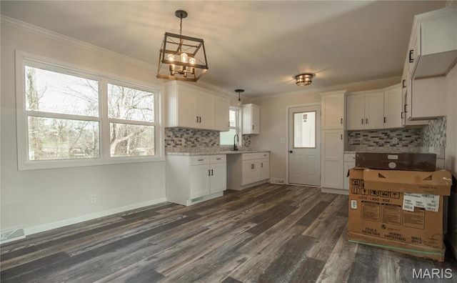 514 W Missouri St, Bloomfield, MO 63825 - kitchen featuring crown molding, decorative backsplash, white cabinets, a chandelier, and dark wood finished floors